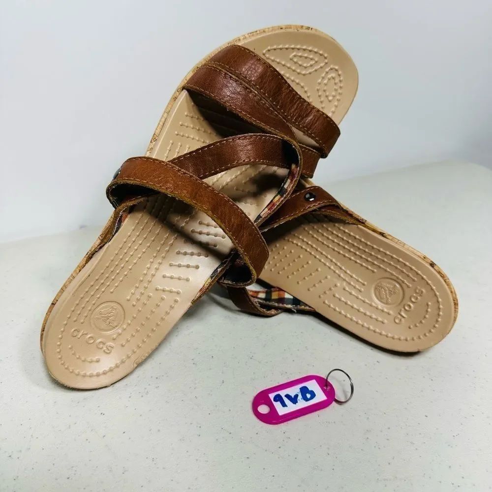 Crocs A-Leigh Womens 7 Brown Leather Cork Wedge Heel Slip On Strap Sandals